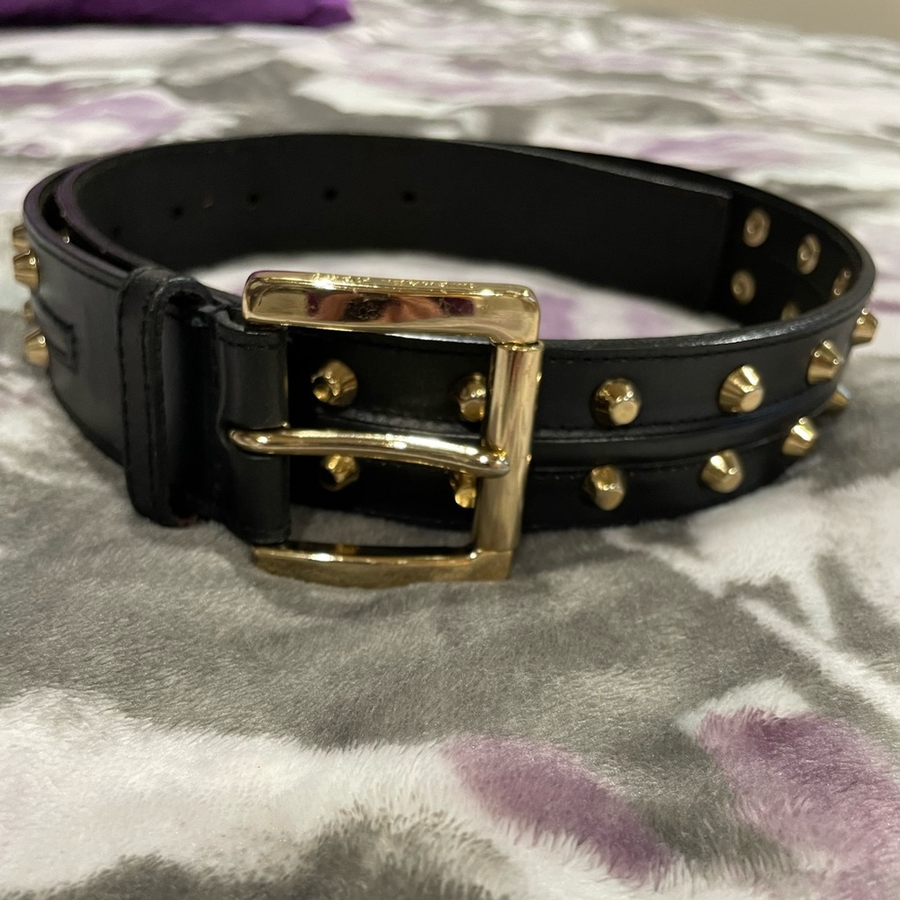 Michael Kors Black Leather Studded Belt with Gold Hardware